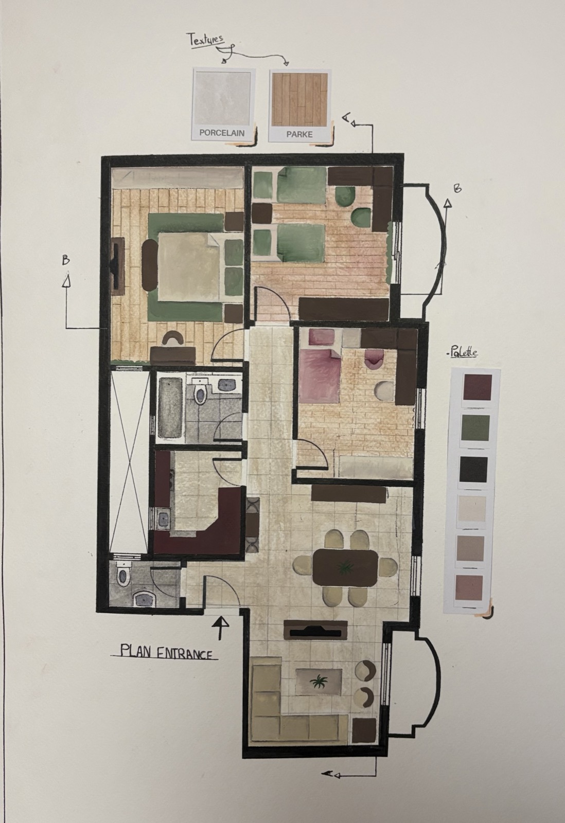 Apartment furniture plan, hand coloured, with palette