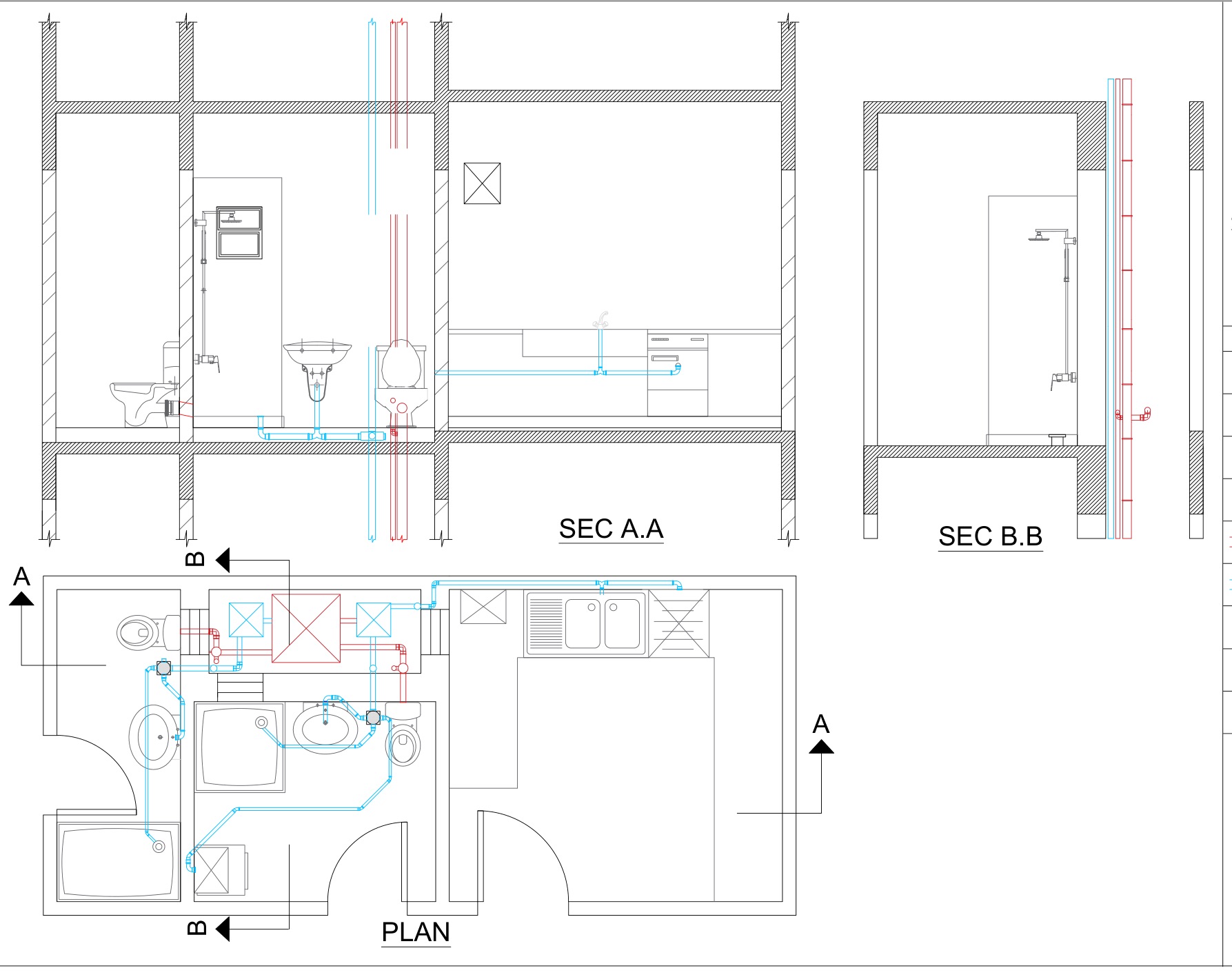 Apartment drainage plan and sections