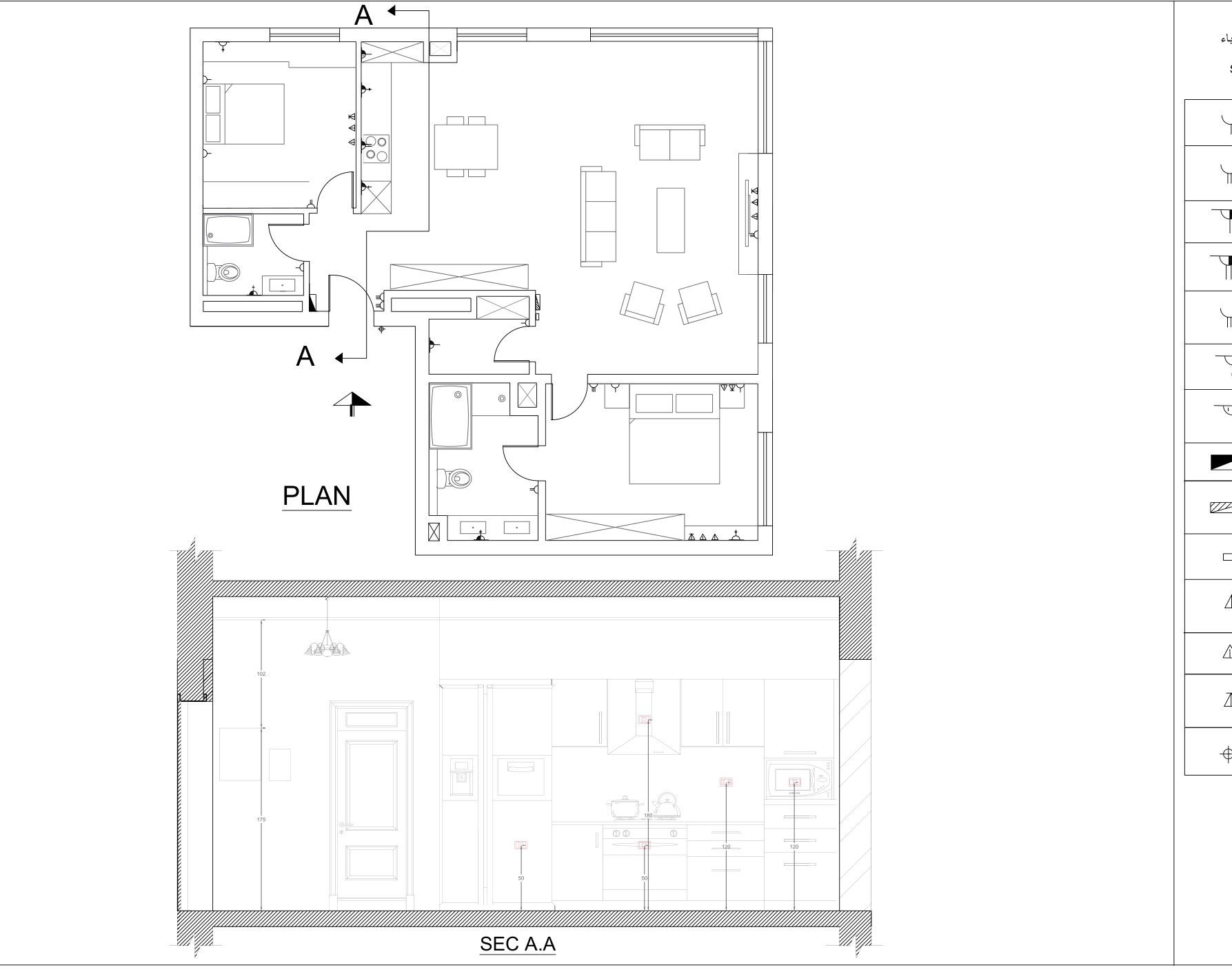 Apartment plan and section AA