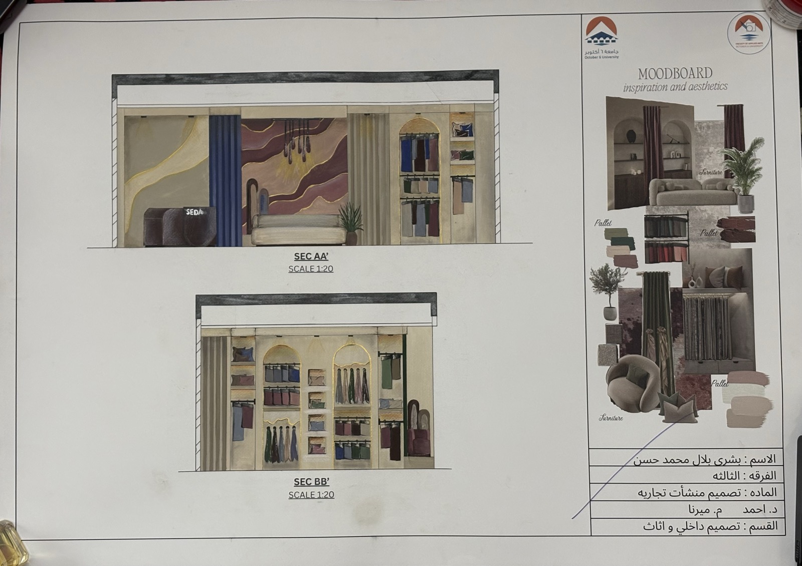 SEDA sections AA and BB hand rendered, with the moodboard