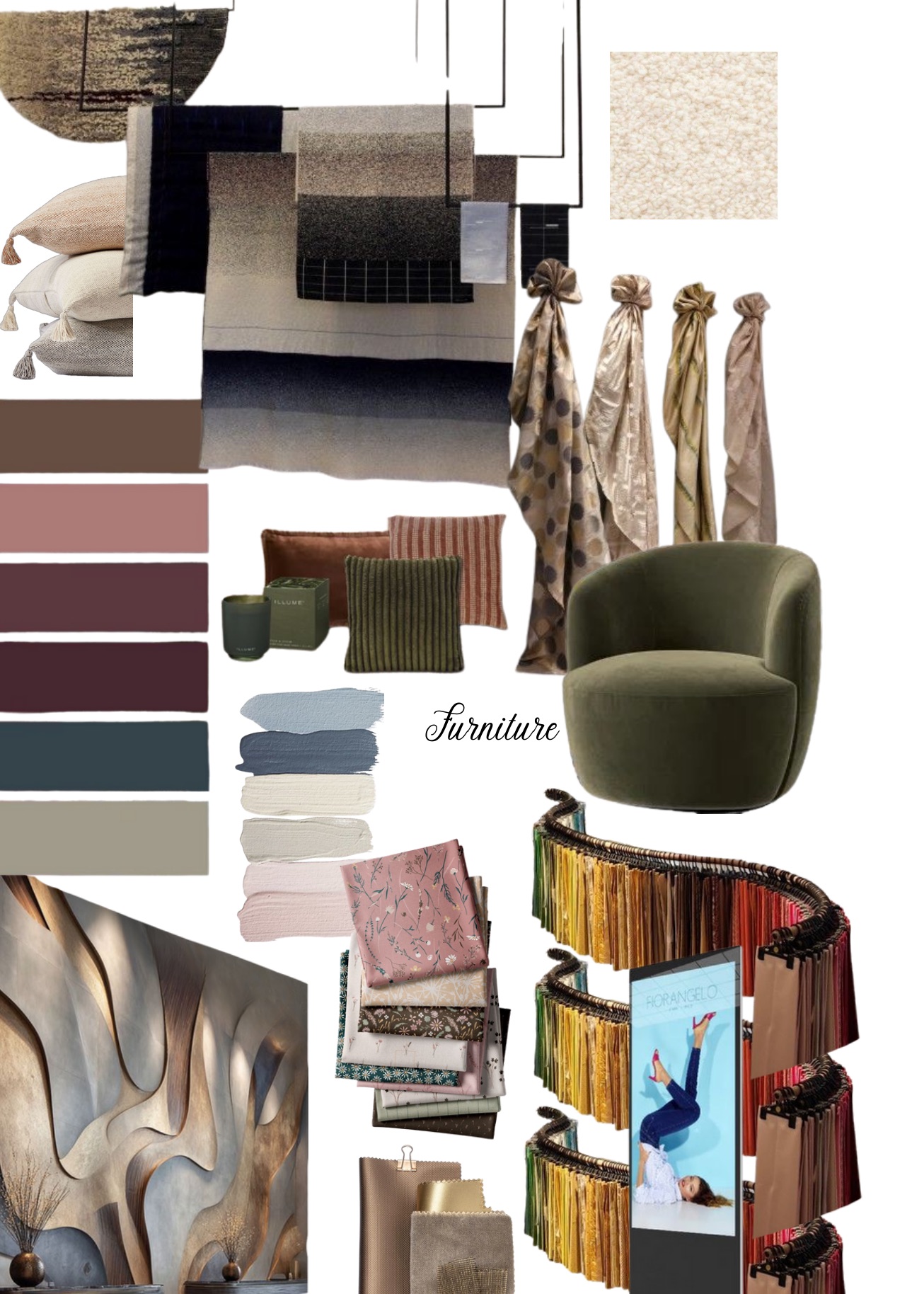 SEDA moodboard: fabric swatches, wood and blush palette